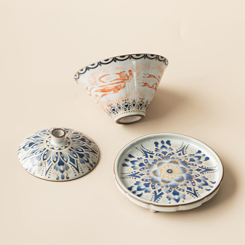 Gaiwan Tea Set – Cone Shape Ruyao Porcelain Dunhuang Flying Apsaras Lotus