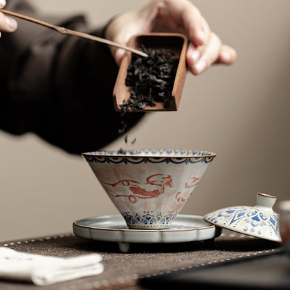 Gaiwan Tea Set – Cone Shape Ruyao Porcelain Dunhuang Flying Apsaras Lotus