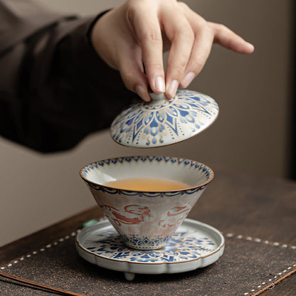 Gaiwan Tea Set – Cone Shape Ruyao Porcelain Dunhuang Flying Apsaras Lotus
