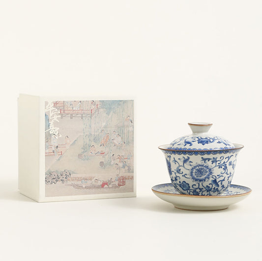 Ruyao Gaiwan Blue White Twig Vine 160ml 360° Lid Gift Box