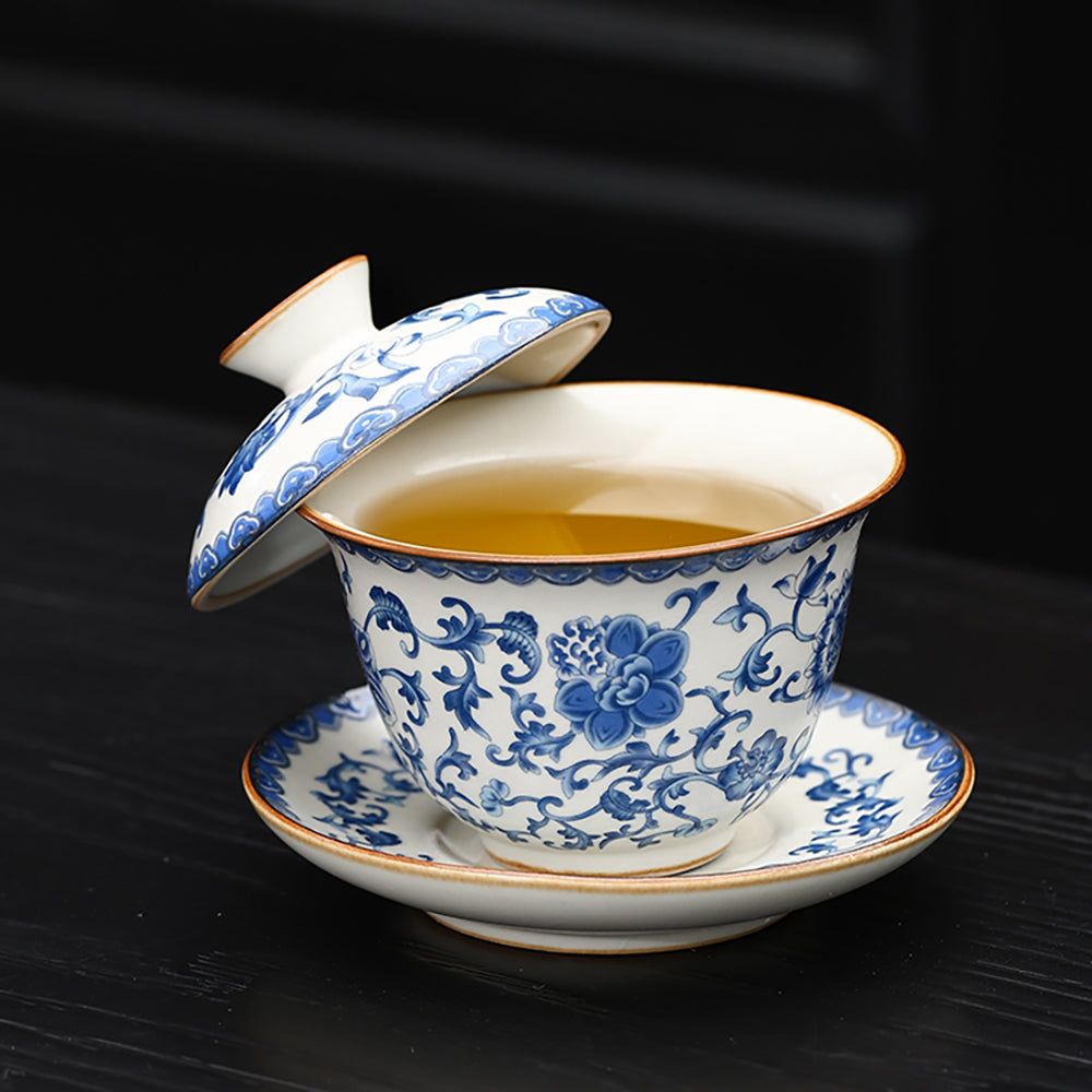Ruyao Gaiwan Blue White Twig Vine 160ml 360° Lid Gift Box