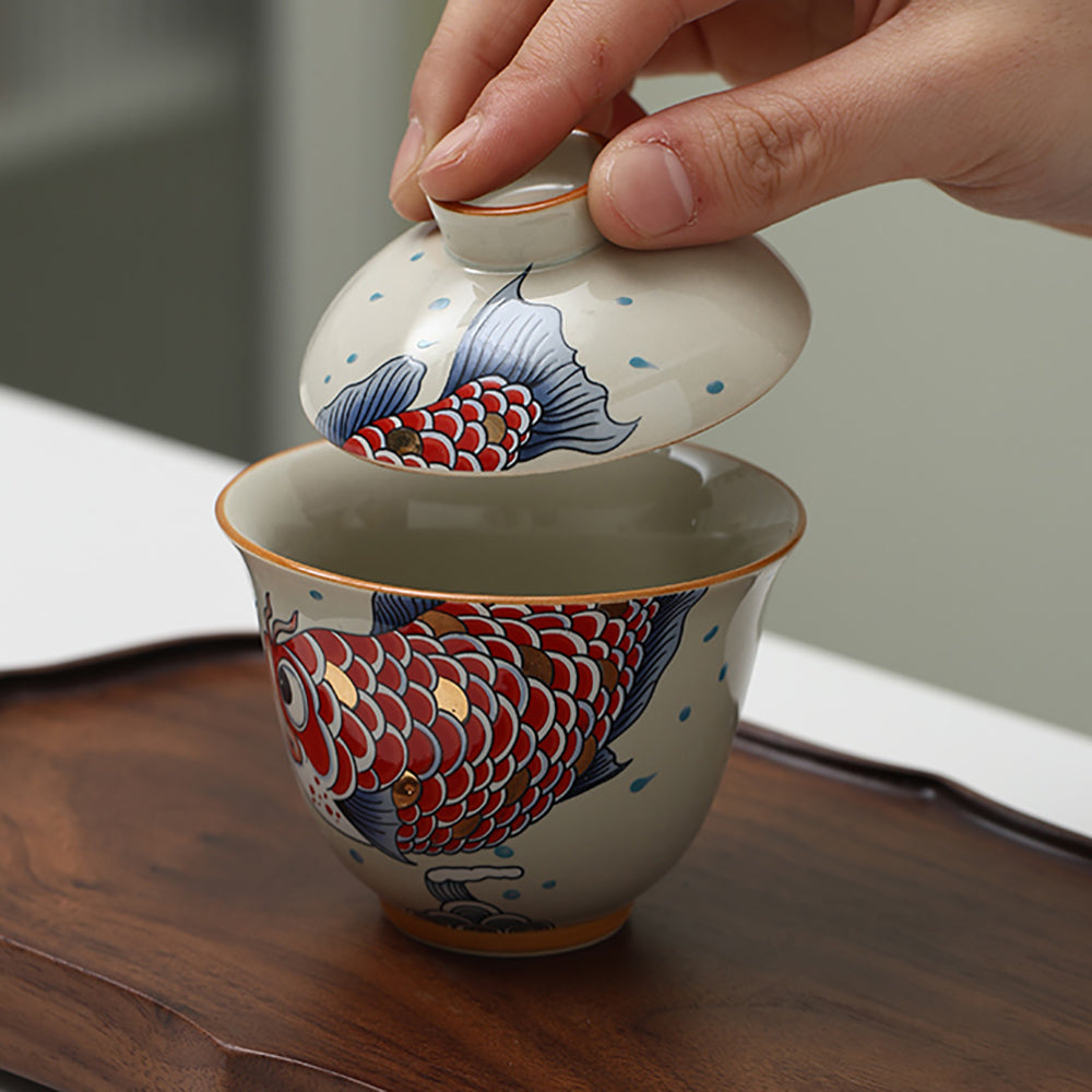 Gaiwan Porcelain – Goldfish Yuanbao Wood Ash Glaze