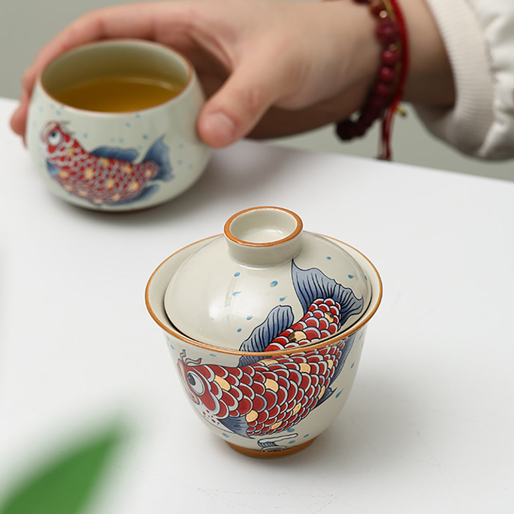 Gaiwan Porcelain – Goldfish Yuanbao Wood Ash Glaze