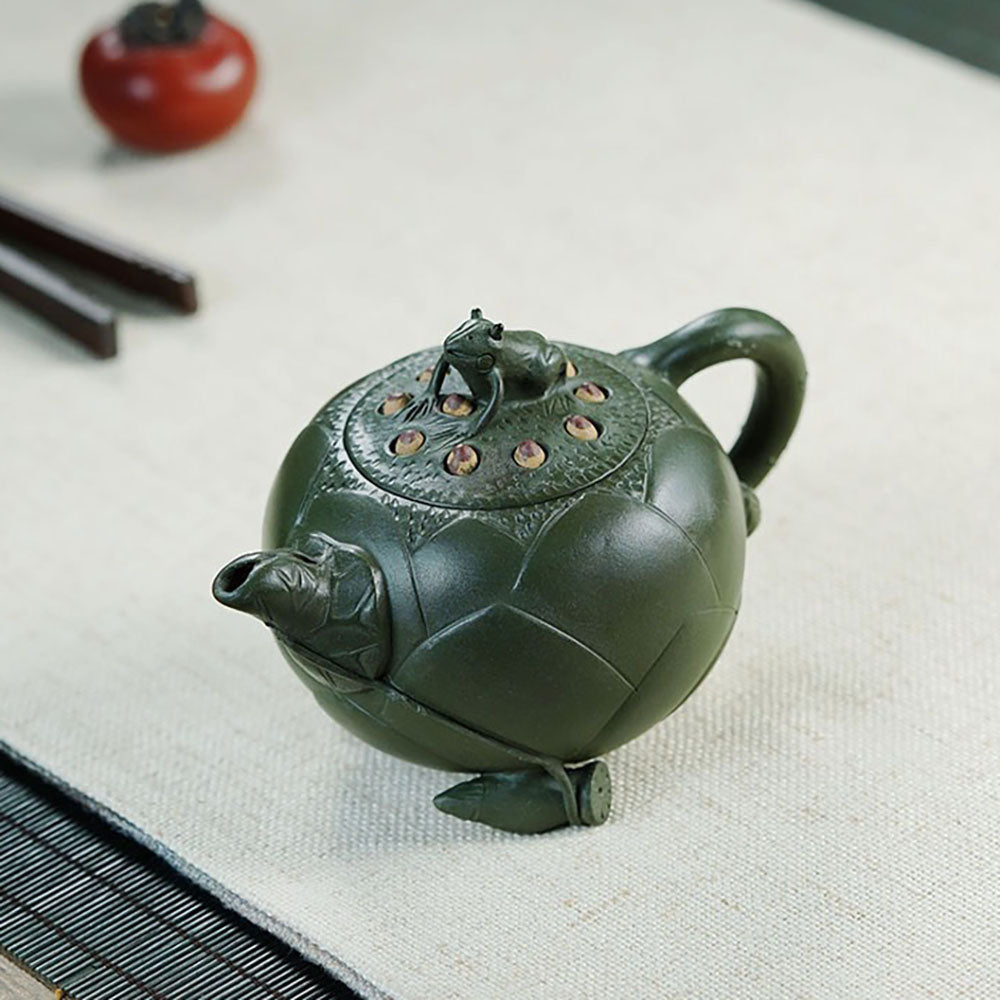 Lotus Bud Teapot Yixing Green Clay Frog Lid Leaf Spout 250ml