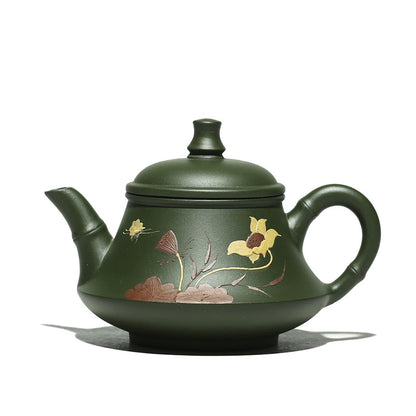 Lotus Teapot Yixing Green Clay Butterfly Carved Handmade 230ml