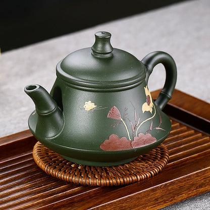 Lotus Teapot Yixing Green Clay Butterfly Carved Handmade 230ml