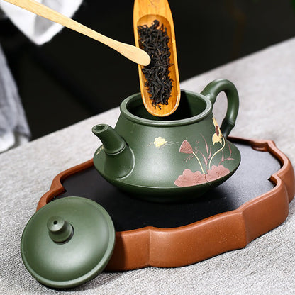 Lotus Teapot Yixing Green Clay Butterfly Carved Handmade 230ml