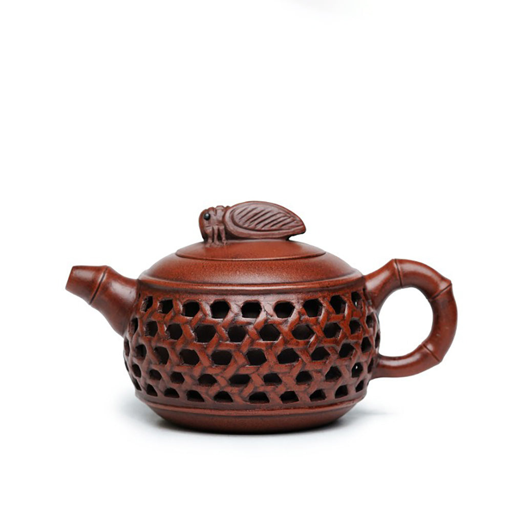 Bamboo Teapot Cicada Lid Woven Yixing Red Clay Zisha 280ml
