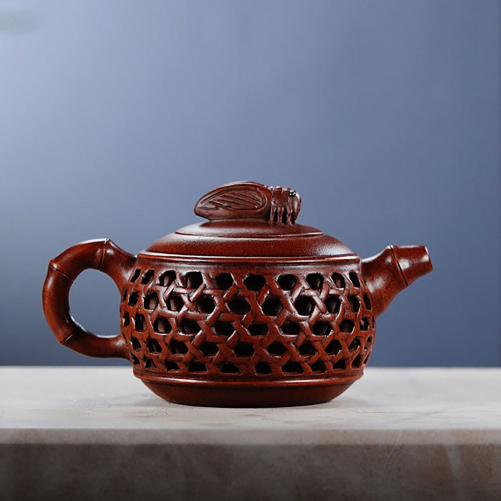 Bamboo Teapot Cicada Lid Woven Yixing Red Clay Zisha 280ml