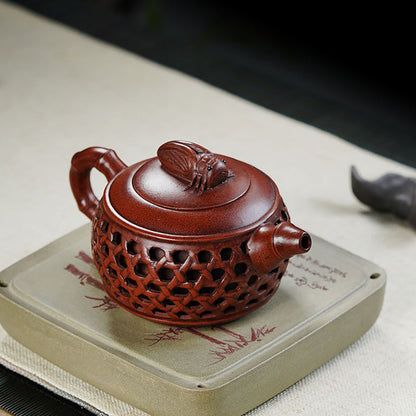 Bamboo Teapot Cicada Lid Woven Yixing Red Clay Zisha 280ml