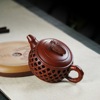 Bamboo Teapot Cicada Lid Woven Yixing Red Clay Zisha 280ml