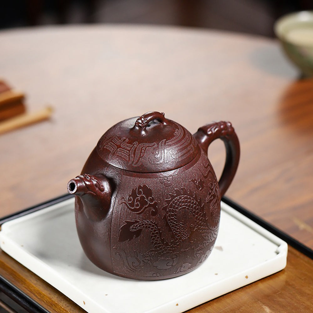 Qinquan Teapot Dragon Carved Iron Red Clay Yixing 380ml
