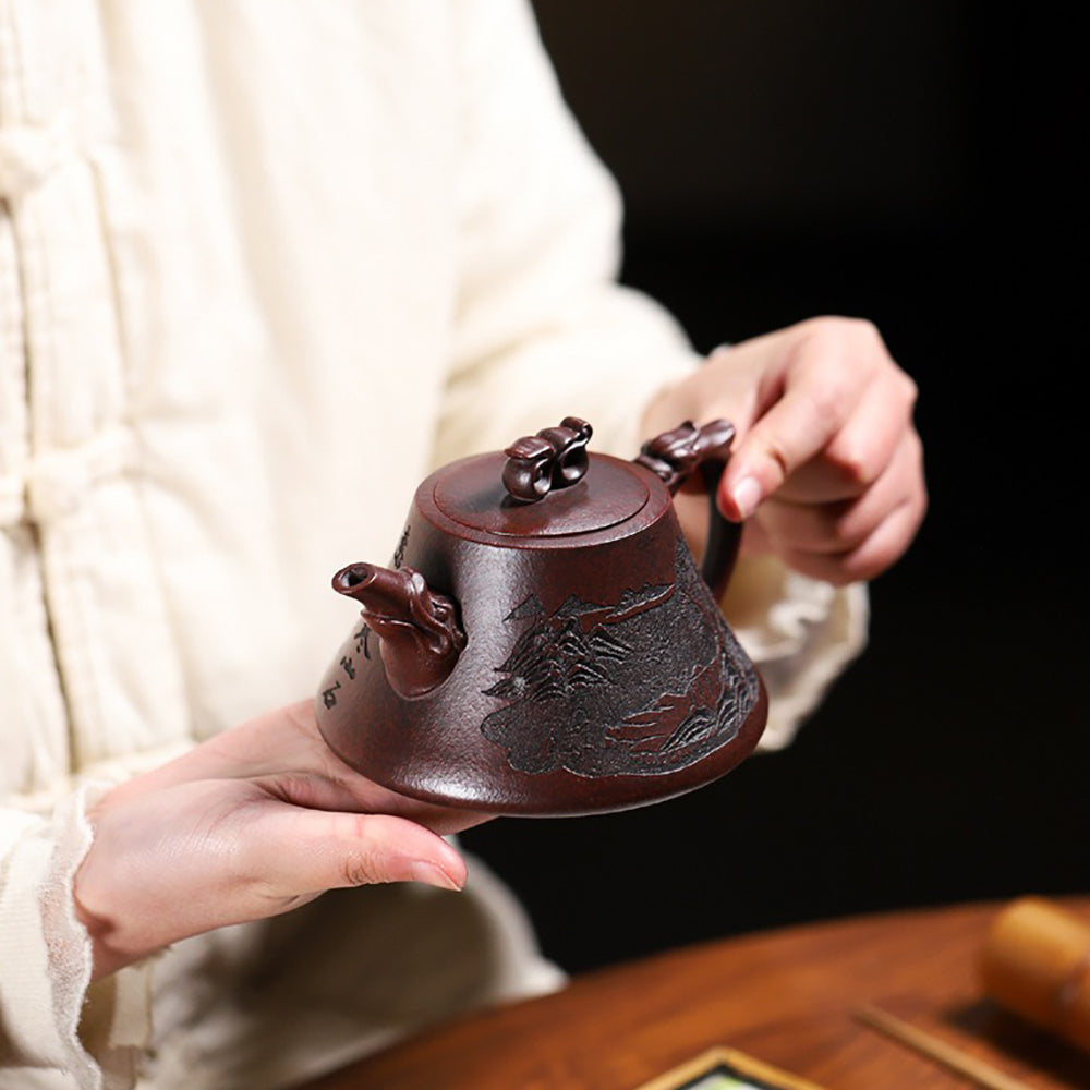 Ruyi Teapot Dragon Spout Landscape Poetry Carved Yixing 310ml