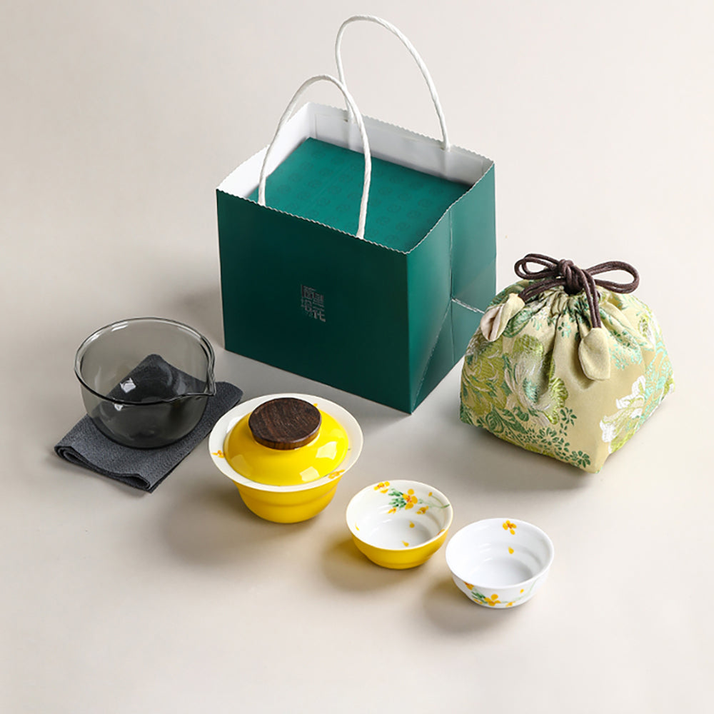 Travel Tea Set Ceramic Rapeseed Flower Yellow 4-Piece Bag