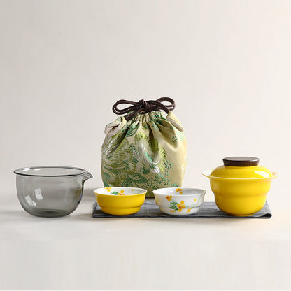 Travel Tea Set Ceramic Rapeseed Flower Yellow 4-Piece Bag