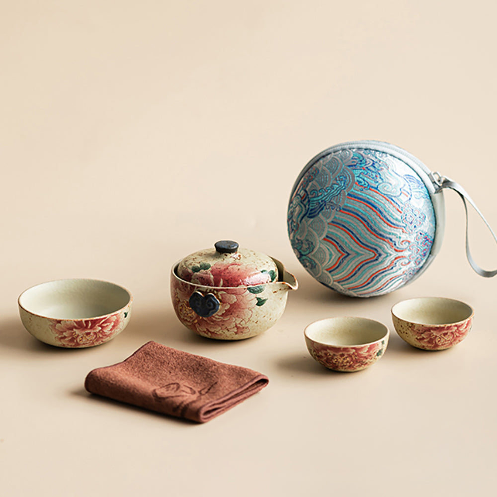 Travel Tea Set Ceramic Flint Red Peony Gold 120ml Teapot