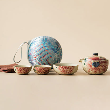 Travel Tea Set Ceramic Flint Red Peony Gold 120ml Teapot