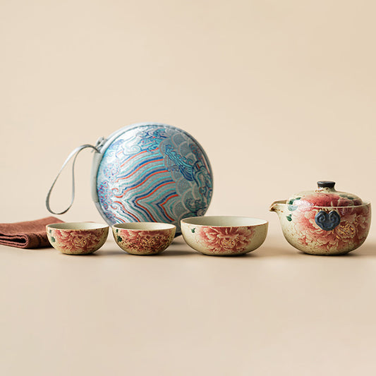 Travel Tea Set Ceramic Flint Red Peony Gold 120ml Teapot