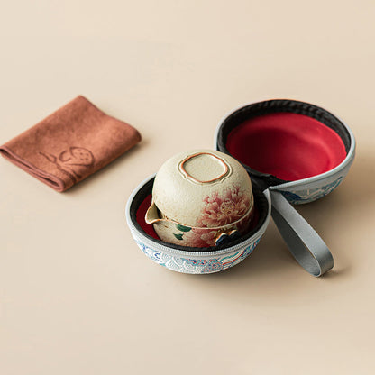 Travel Tea Set Ceramic Flint Red Peony Gold 120ml Teapot