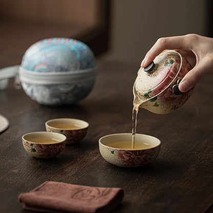 Travel Tea Set Ceramic Flint Red Peony Gold 120ml Teapot