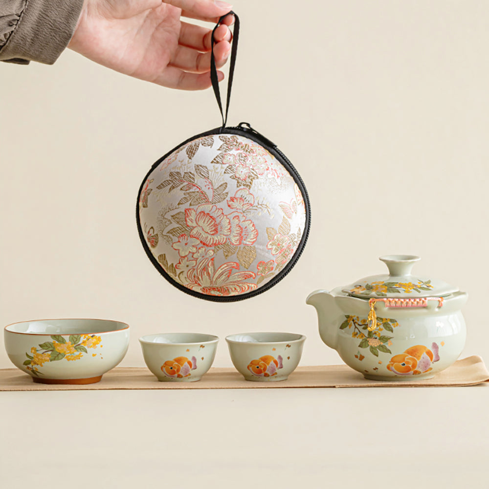 Travel Tea Set Ceramic Osmanthus Koi Portable Gongfu Kit