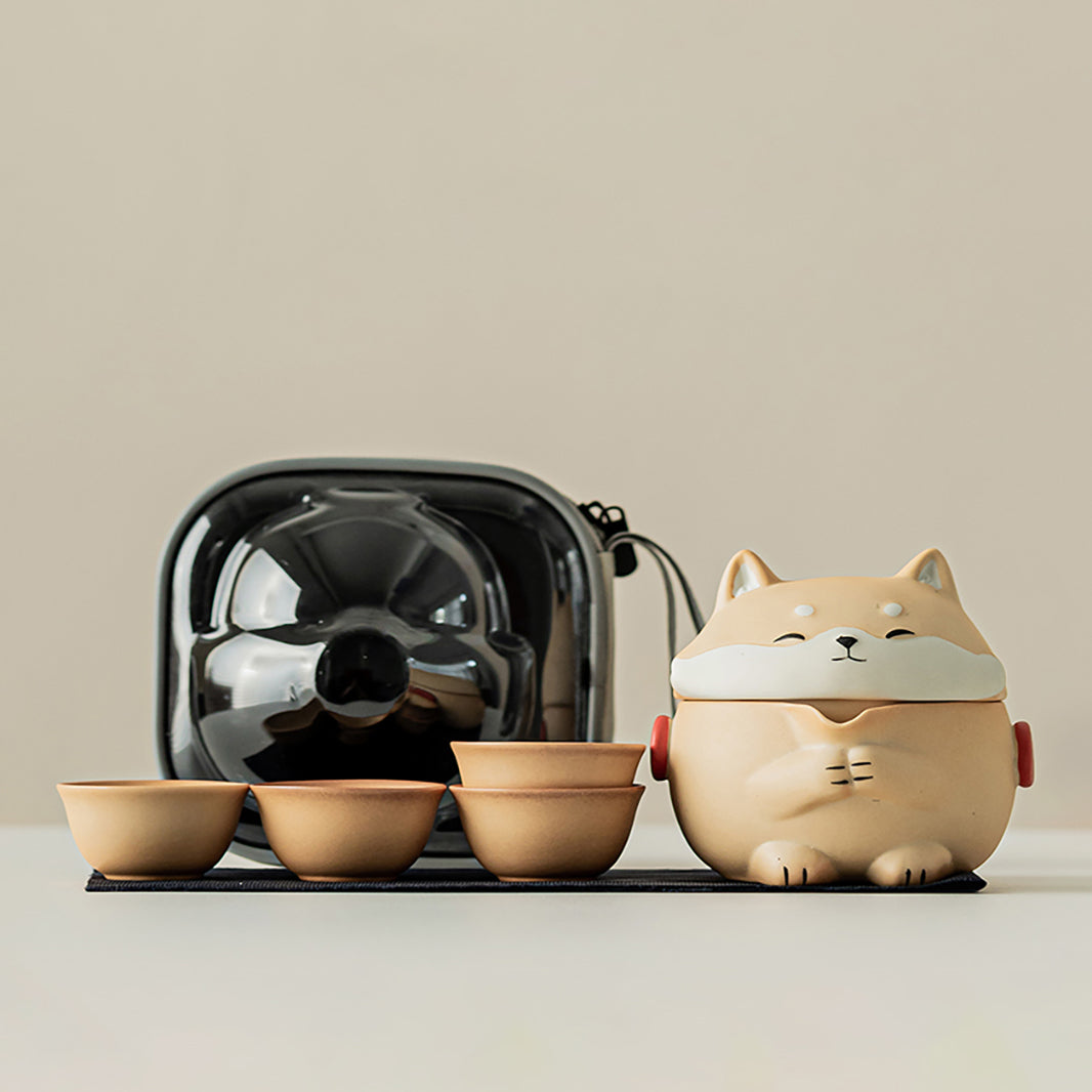 Shiba Inu Pottery Travel Tea Set 6pc | Compact Gongfu 145ml
