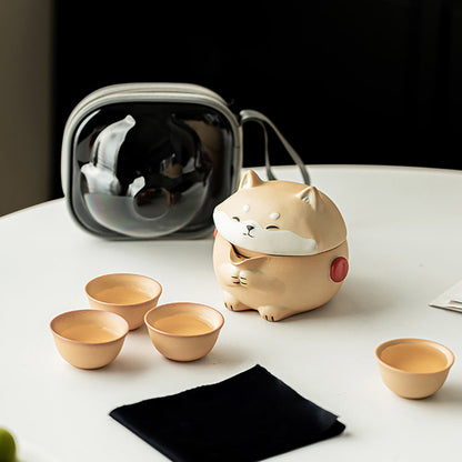 Shiba Inu Pottery Travel Tea Set 6pc | Compact Gongfu 145ml