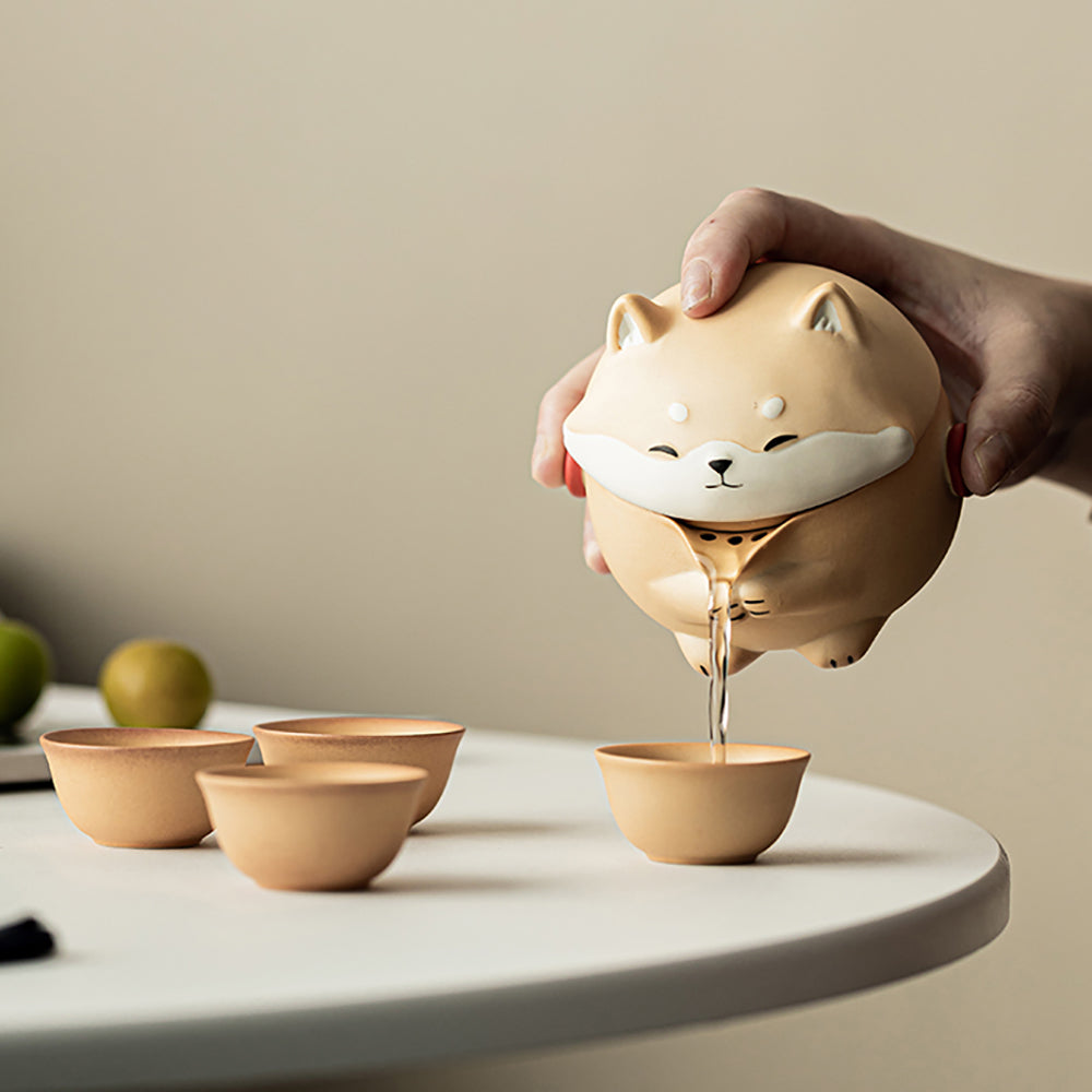 Shiba Inu Pottery Travel Tea Set 6pc | Compact Gongfu 145ml