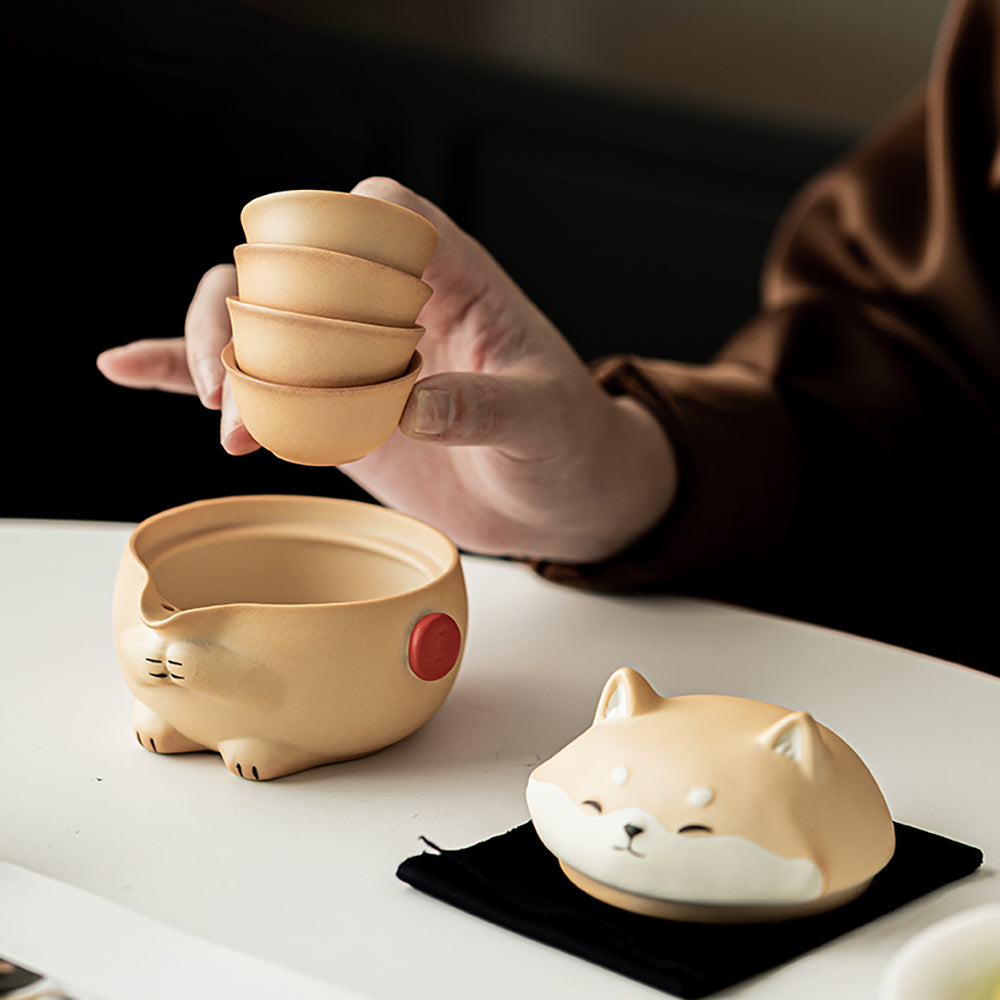 Shiba Inu Pottery Travel Tea Set 6pc | Compact Gongfu 145ml