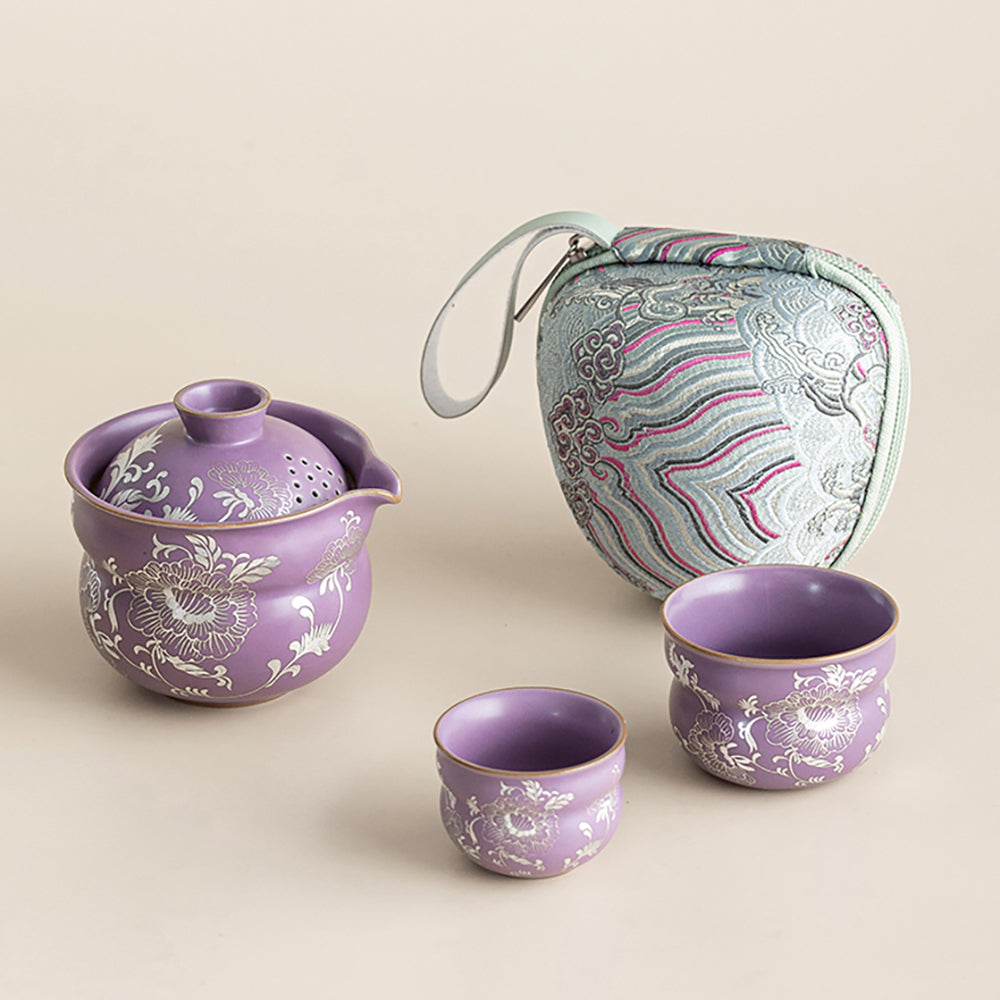 Travel Tea Set Ruyao Purple Peony Silver-Plated, 3-Piece