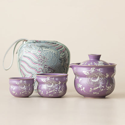 Travel Tea Set Ruyao Purple Peony Silver-Plated, 3-Piece