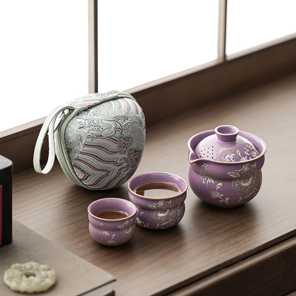 Travel Tea Set Ruyao Purple Peony Silver-Plated, 3-Piece