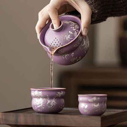 Travel Tea Set Ruyao Purple Peony Silver-Plated, 3-Piece