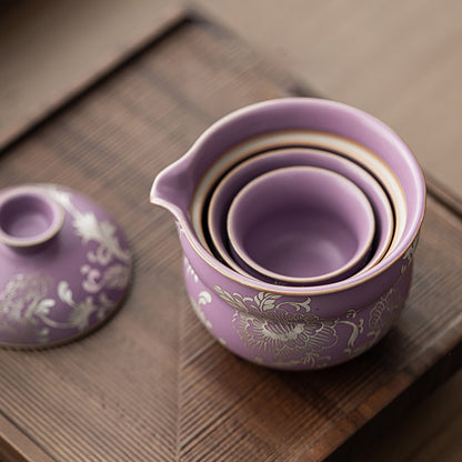 Travel Tea Set Ruyao Purple Peony Silver-Plated, 3-Piece