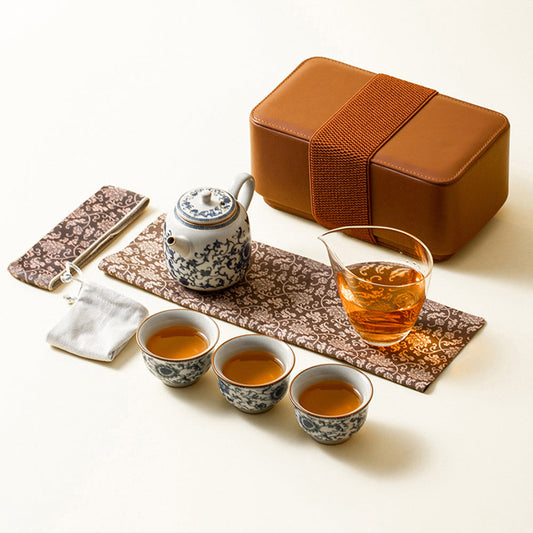 Ruyao Travel Tea Set Blue White Lotus 6-Piece Leather Case
