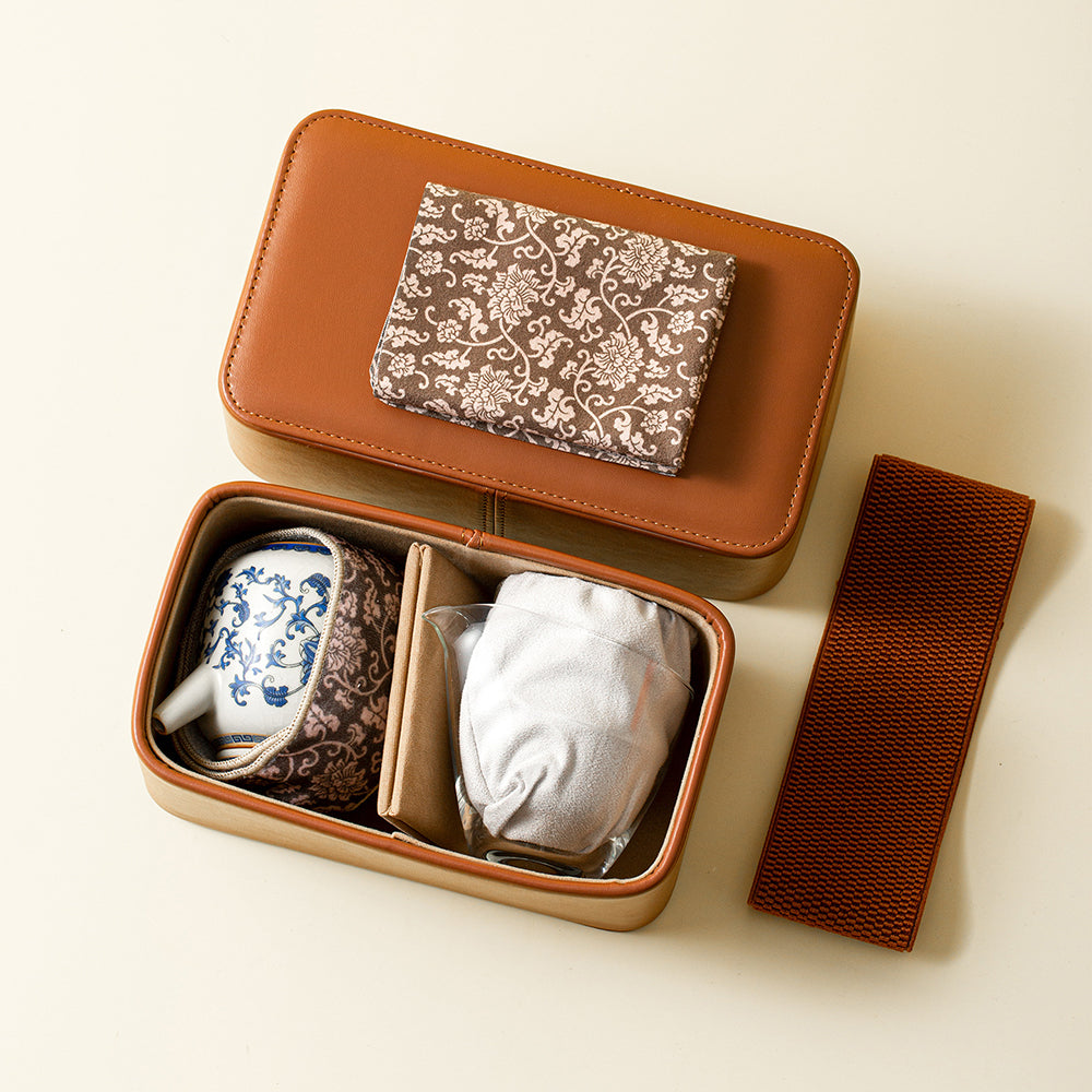 Ruyao Travel Tea Set Blue White Lotus 6-Piece Leather Case