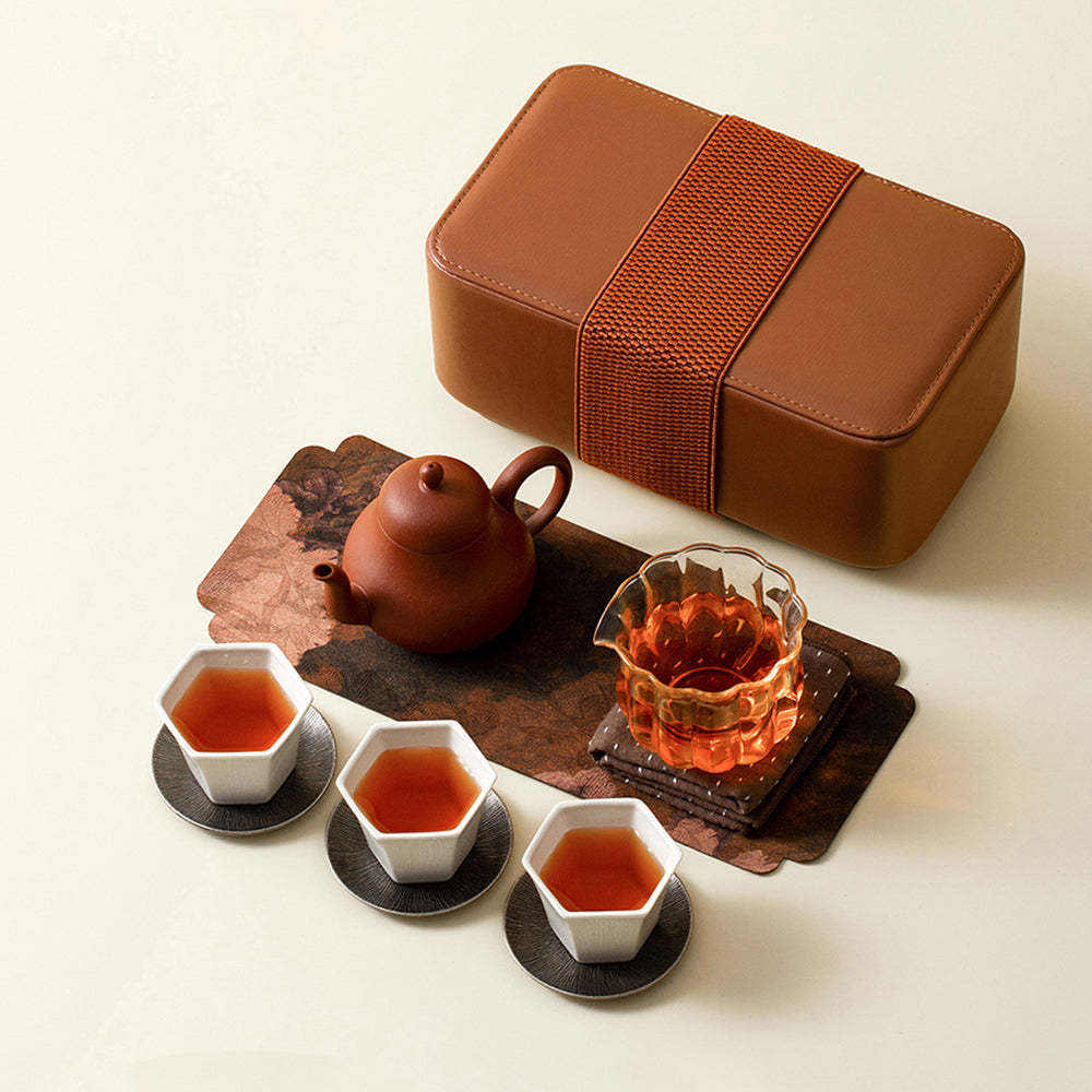 Travel Tea Set Purple Clay Ceramic Portable Leather Bag 9-Pc