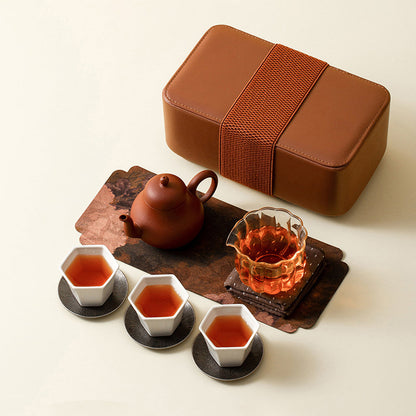 Travel Tea Set Purple Clay Ceramic Portable Leather Bag 9-Pc