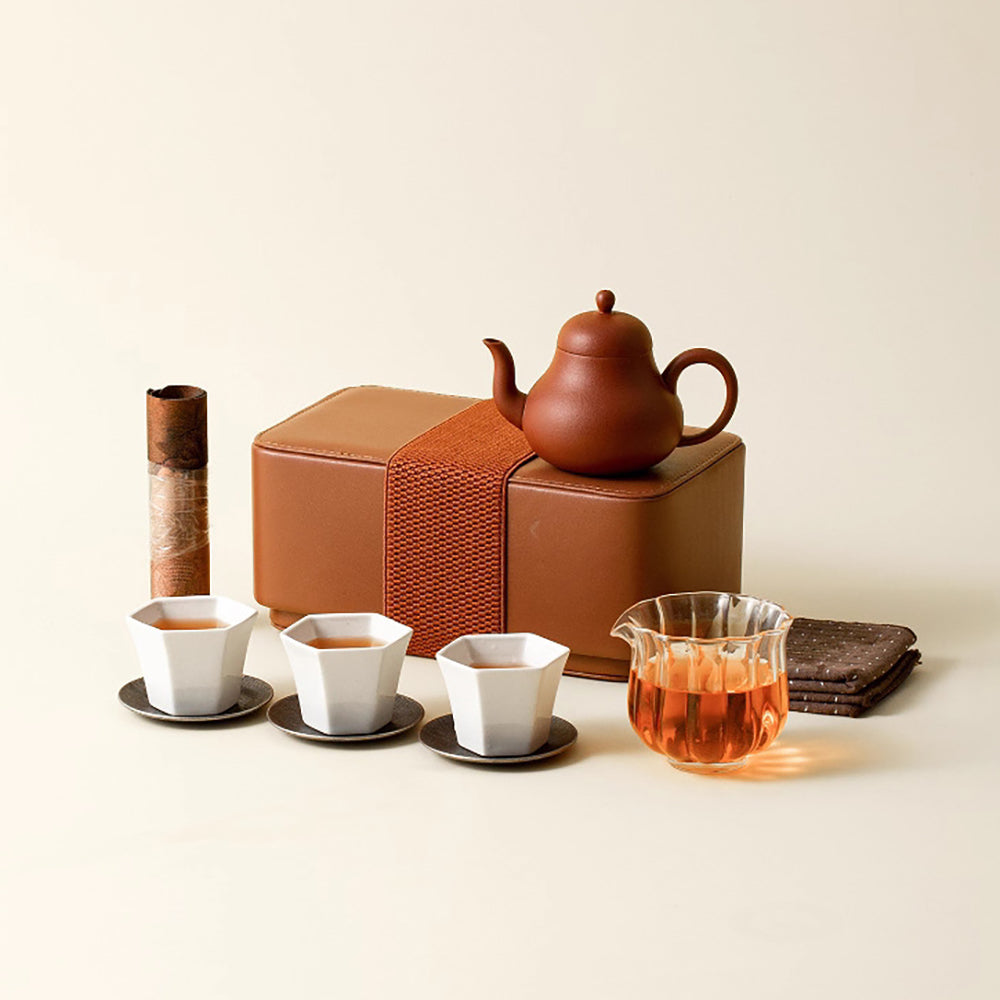 Travel Tea Set Purple Clay Ceramic Portable Leather Bag 9-Pc