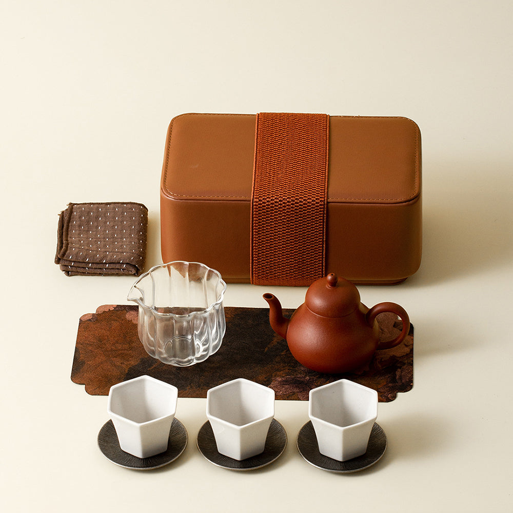 Travel Tea Set Purple Clay Ceramic Portable Leather Bag 9-Pc