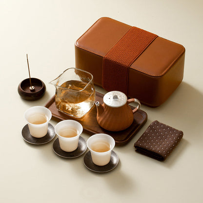 Travel Gongfu Tea Set – Portable Leather Case, 10-Piece