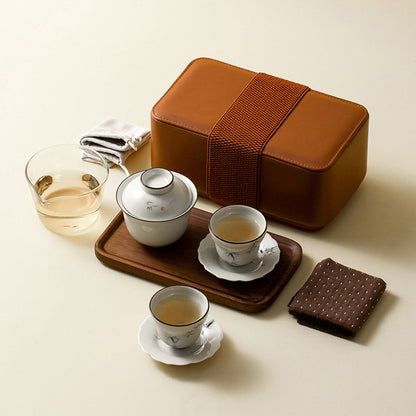Gaiwan Travel Tea Set Bamboo Ink Painting Wood Ash Glaze
