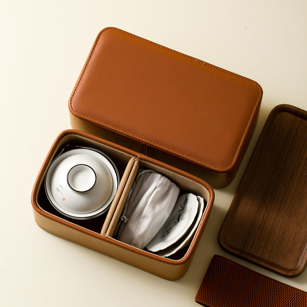 Gaiwan Travel Tea Set Bamboo Ink Painting Wood Ash Glaze