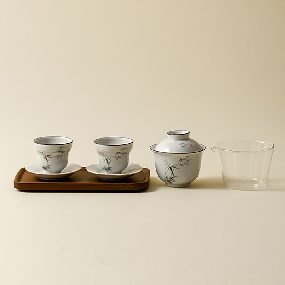 Gaiwan Travel Tea Set Bamboo Ink Painting Wood Ash Glaze