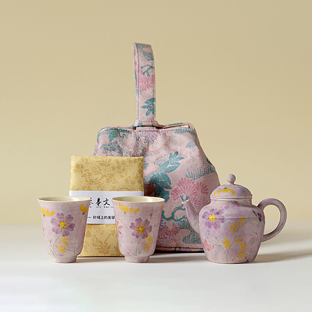 Travel Tea Set Purple Floral Ceramic Frosted Gesang, 3-Piece