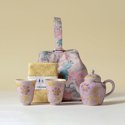 Travel Tea Set Purple Floral Ceramic Frosted Gesang, 3-Piece