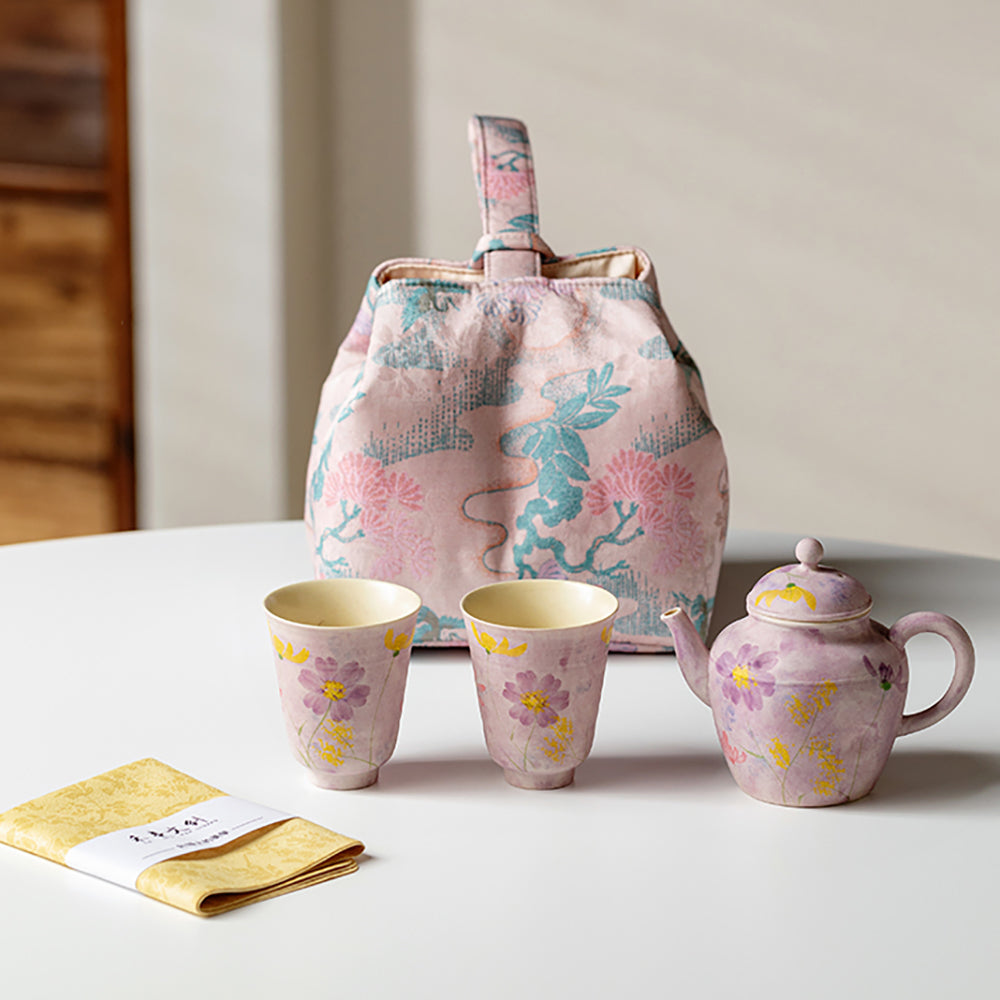 Travel Tea Set Purple Floral Ceramic Frosted Gesang, 3-Piece