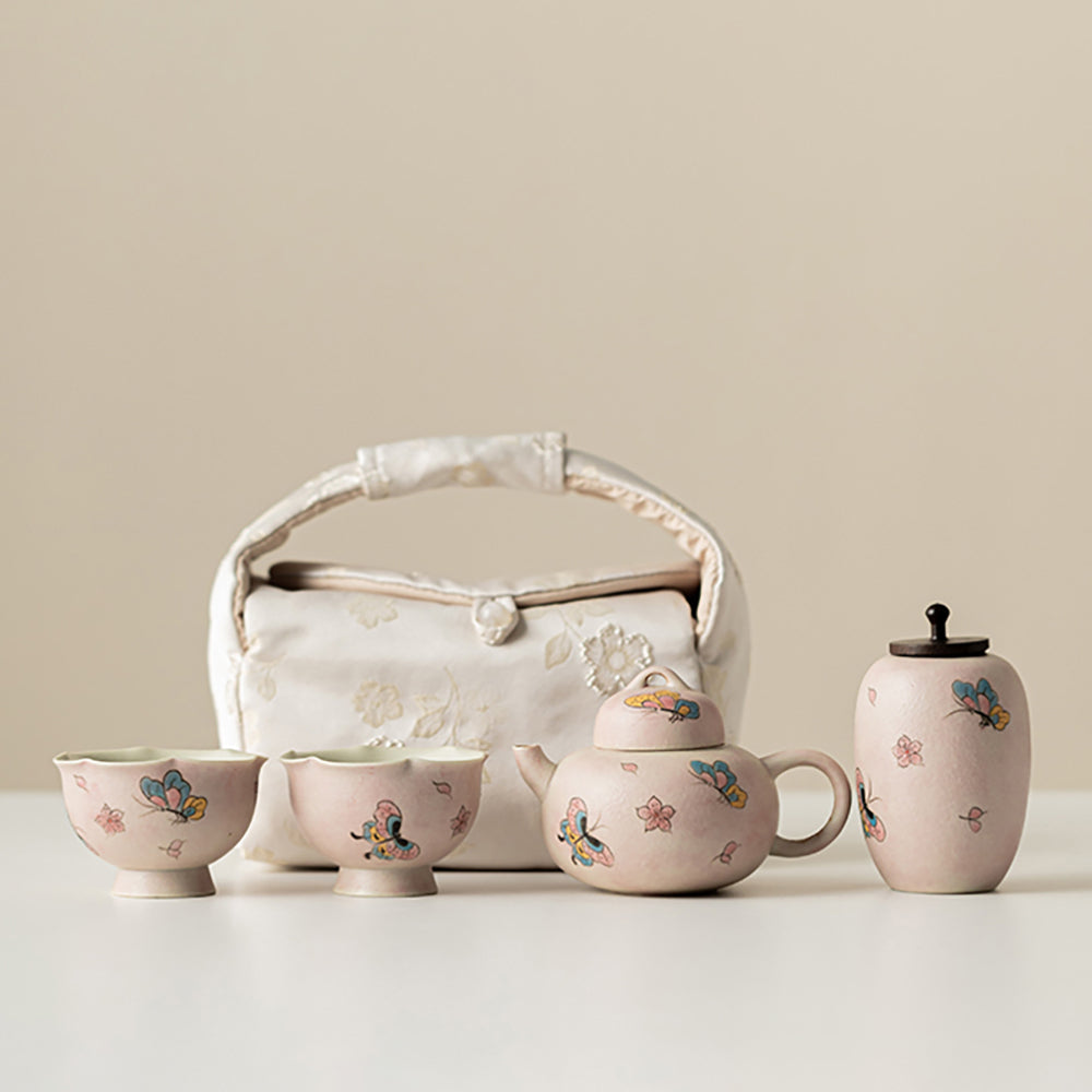 Travel Tea Set Ceramic Pink Butterfly Teapot 2 Cups Tea Caddy