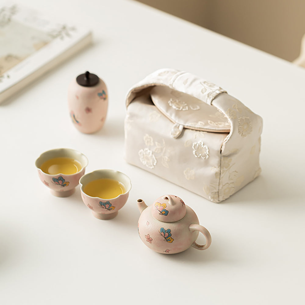 Travel Tea Set Ceramic Pink Butterfly Teapot 2 Cups Tea Caddy
