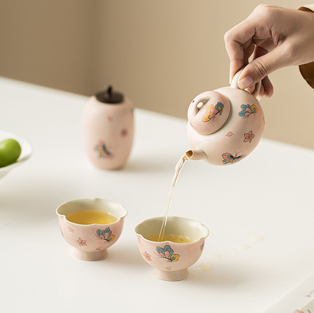 Travel Tea Set Ceramic Pink Butterfly Teapot 2 Cups Tea Caddy